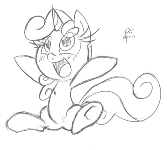 Size: 1619x1457 | Tagged: safe, artist:leadhooves, derpibooru import, sweetie belle, pony, unicorn, female, filly, happy, monochrome, sketch, solo