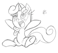 Size: 1619x1457 | Tagged: safe, artist:leadhooves, derpibooru import, sweetie belle, pony, unicorn, female, filly, happy, monochrome, sketch, solo