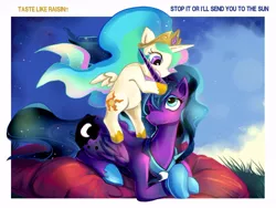 Size: 900x675 | Tagged: safe, artist:bakki, derpibooru import, princess celestia, princess luna, alicorn, pony, age swap, chewing, cute, cutelestia, eating, female, filly, foal, mare, nom, princess, prone, role reversal