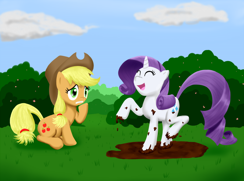 Size: 1000x744 | Tagged: safe, artist:empyu, derpibooru import, applejack, rarity, earth pony, pony, unicorn, body swap, dirty, female, grass, hilarious in hindsight, mare, mud, muddy, outdoors, pinkity, rarihick, stressed