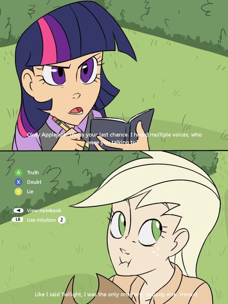 Size: 768x1024 | Tagged: applejack, artist:thelivingmachine02, book, crossover, derpibooru import, duo, female, gimp, human, humanized, l.a. noire, liar face, liarjack, looking back, parody, safe, scrunchy face, twilight sparkle