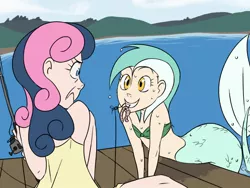 Size: 1024x768 | Tagged: artist:thelivingmachine02, behaving like a fish, bon bon, bon bon is not amused, derpibooru import, duo, female, fishing, gimp, human, humanized, looking at each other, lyra heartstrings, mermaid, mermaidized, mermaid lyra, midriff, mouth hold, ocean, safe, shocked, smiling, sweetie drops, water, worm
