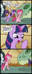 Size: 656x1500 | Tagged: safe, artist:madmax, derpibooru import, pinkie pie, twilight sparkle, dinosaur, earth pony, pony, tyrannosaurus rex, unicorn, 3 panel comic, bipedal, comic, eaten alive, eating, eyes closed, female, fetish, food chain, frown, glare, hoof hold, imminent death, looking down, mare, open mouth, oral vore, pet, predation, predator, prey, preylight, raised hoof, raised leg, speech bubble, tail sticking out, twilybuse, unicorn twilight, vore, wide eyes, yelling