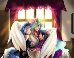 Size: 980x770 | Tagged: artist:bakki, blushing, cute, derpibooru import, eared humanization, female, horned humanization, hug, human, humanized, princess, princess celestia, princess luna, safe, tailed humanization, twilight sparkle, winged humanization, winghug