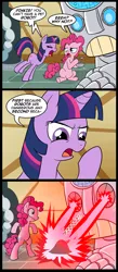 Size: 656x1500 | Tagged: semi-grimdark, artist:madmax, derpibooru import, pinkie pie, twilight sparkle, earth pony, pony, robot, semi-anthro, unicorn, annoyed, ash, bipedal, bowl, comic, dead, death, death ray, disintegration, eyes closed, feeding, female, food, frown, glare, hoof hold, horn, laser, lidded eyes, looking down, mare, open mouth, pet, soup, this ended in death, twilybuse, unamused, unicorn twilight, wat, wide eyes, worried, yelling
