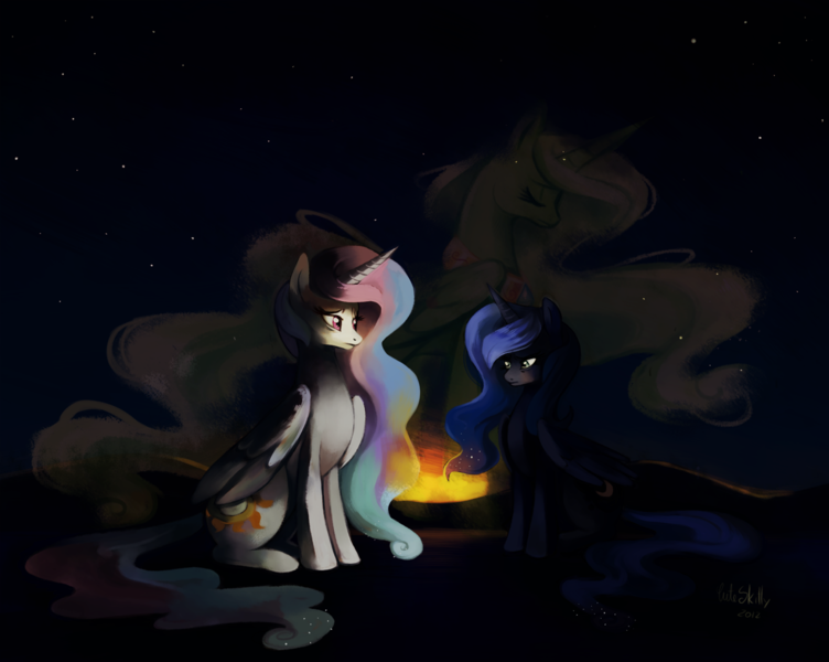 Size: 1300x1037 | Tagged: safe, artist:cuteskitty, derpibooru import, princess celestia, princess luna, alicorn, pony, fanfic, duo, fanfic art, fanfic:the price of grace, female, glow, mare, night, sisters, sitting