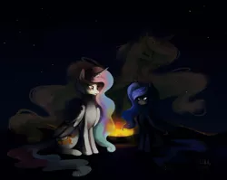 Size: 1300x1037 | Tagged: safe, artist:cuteskitty, derpibooru import, princess celestia, princess luna, alicorn, pony, fanfic, duo, fanfic art, fanfic:the price of grace, female, glow, mare, night, sisters, sitting