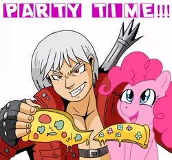 Size: 591x549 | Tagged: safe, artist:madmax, derpibooru import, pinkie pie, earth pony, pony, anchovies, crazy awesome, crossover, dante (devil may cry), devil may cry, devil may cry 3, female, flower, food, male, mare, meat, mushroom, pepperoni, pizza, simple background, white background