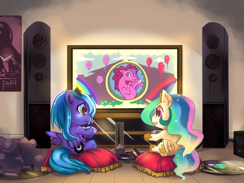 Size: 1200x900 | Tagged: safe, artist:bakki, derpibooru import, pinkie pie, princess celestia, princess luna, alicorn, pony, balloon, cewestia, controller, cute, female, filly, foal, game, hoof hold, open mouth, pacifier, pillow, playing video games, sitting, smiling, television, video game, wavy mouth, woona, younger