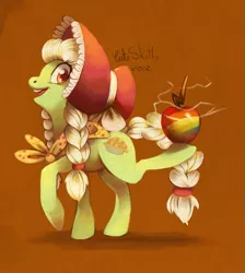 Size: 1047x1167 | Tagged: safe, artist:cuteskitty, derpibooru import, granny smith, earth pony, pony, apple, balancing, female, mare, solo, young granny smith, younger, zap apple