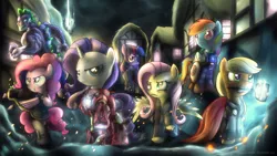 Size: 1920x1080 | Tagged: safe, artist:fongsaunder, derpibooru import, applejack, fluttershy, pinkie pie, rainbow dash, rarity, spike, twilight sparkle, dragon, earth pony, pegasus, pony, unicorn, avengers, badass, bipedal, black widow (marvel), captain america, clothes, costume, crossover, female, flutterbadass, hammer, hawkeye, iron man, male, mane seven, mane six, mare, mouth hold, my little avengers equestria's mightiest ponies, nick fury, night, parody, ponyville, s.h.i.e.l.d., shield, the incredible hulk, thor, wallpaper, weapon