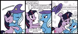 Size: 1000x437 | Tagged: safe, artist:madmax, derpibooru import, trixie, twilight sparkle, pony, unicorn, clothes, comic, confused, female, hat, kissing, lesbian, mare, oh my, shipping, trixie's hat, twixie