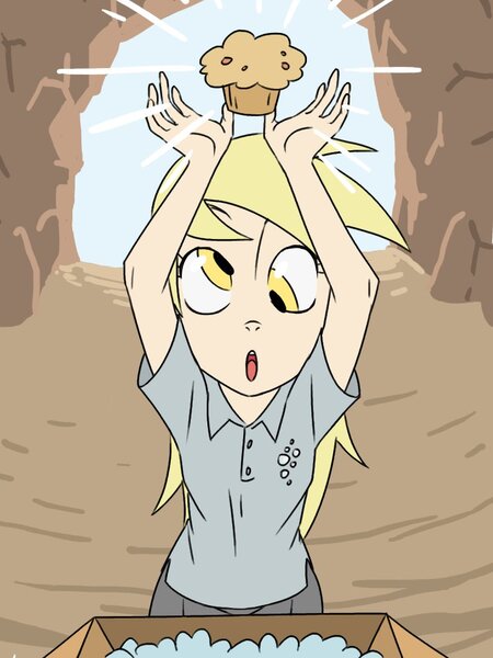 Size: 768x1024 | Tagged: artist:thelivingmachine02, cave, derpibooru import, derpy hooves, female, gimp, human, humanized, muffin, parody, safe, solo, the legend of zelda, you got the thing