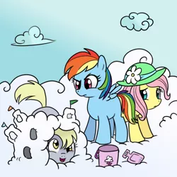 Size: 1000x1000 | Tagged: safe, artist:madmax, artist:pacce, derpibooru import, derpy hooves, fluttershy, rainbow dash, pegasus, pony, blank flank, cloud, female, filly, foal, hat, hooves, on a cloud, open mouth, standing on cloud, wings, younger