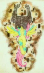 Size: 572x960 | Tagged: safe, artist:peachpalette, derpibooru import, fluttershy, pegasus, pony, crossover, female, flying, mare, midna, nintendo, photo, solo, the legend of zelda, the legend of zelda: twilight princess, traditional art