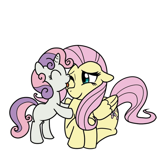 Size: 1000x1000 | Tagged: safe, artist:madmax, derpibooru import, fluttershy, sweetie belle, pegasus, pony, unicorn, duo, female, filly, floppy ears, licking, mare, prone, simple background, white background
