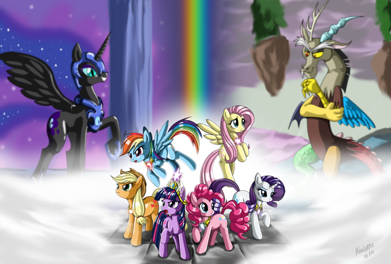 Size: 2478x1672 | Tagged: safe, artist:kroliath, derpibooru import, applejack, discord, fluttershy, nightmare moon, pinkie pie, rainbow dash, rarity, twilight sparkle, alicorn, earth pony, pegasus, pony, unicorn, elements of harmony, female, mane six, mare, unicorn twilight