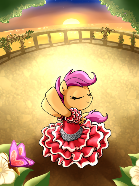 Size: 900x1200 | Tagged: safe, artist:madmax, derpibooru import, scootaloo, butterfly, pegasus, pony, clothes, dancing, dress, eyes closed, female, filly, flamenco, solo, sunset