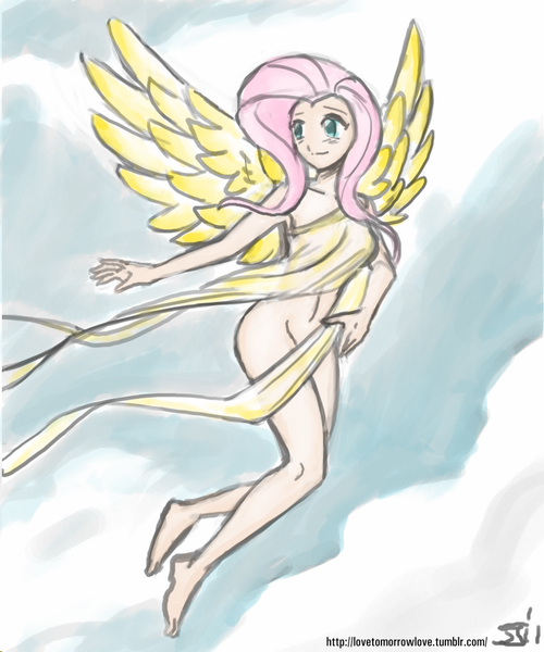 Size: 833x1000 | Tagged: artist:johnjoseco, artist:michos, barefoot, breasts, cloud, cloudy, colored, color edit, derpibooru import, edit, feet, female, fluttershy, flying, human, humanized, nudity, smiling, solo, solo female, spread wings, strategically covered, suggestive, winged humanization