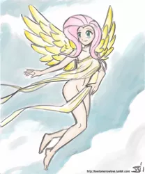 Size: 833x1000 | Tagged: artist:johnjoseco, artist:michos, barefoot, breasts, cloud, cloudy, colored, color edit, derpibooru import, edit, feet, female, fluttershy, flying, human, humanized, nudity, smiling, solo, solo female, spread wings, strategically covered, suggestive, winged humanization