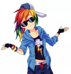 Size: 750x784 | Tagged: artist:semehammer, cap, clothes, derpibooru import, female, fingerless gloves, glasses, gloves, hat, human, humanized, looking at you, midriff, rainbow dash, rainbow dash always dresses in style, safe, shrug, shrugpony, simple background, solo, swag, white background