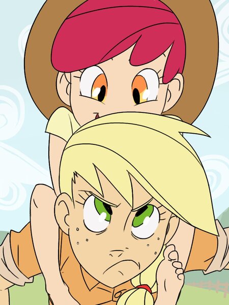 Size: 768x1024 | Tagged: accessory swap, apple bloom, applejack, applejack's hat, apple sisters, artist:thelivingmachine02, barefoot, cowboy hat, cute, derpibooru import, feet, female, hat, human, humanized, piggyback ride, safe, siblings, sisters