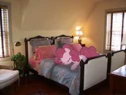 Size: 2048x1536 | Tagged: safe, artist:mixermike622, derpibooru import, pinkie pie, earth pony, pony, bed, female, irl, mare, photo, ponies in real life, sleeping, solo, vector