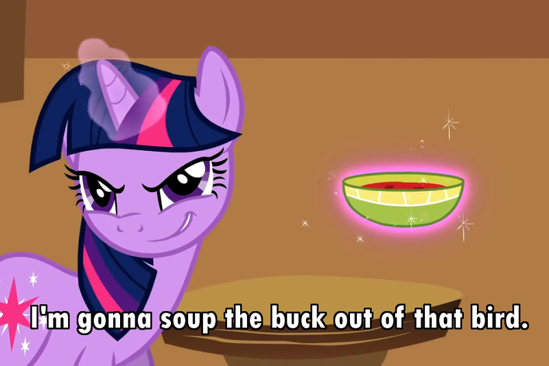 Size: 960x640 | Tagged: artist needed, safe, derpibooru import, edit, edited screencap, screencap, twilight sparkle, pony, unicorn, a bird in the hoof, bowl, female, image macro, mare, meme, solo, soup