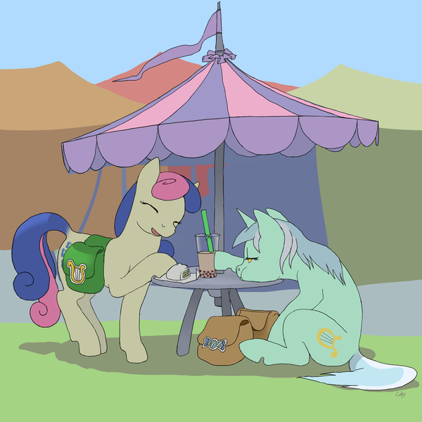 Size: 1000x1000 | Tagged: safe, artist:cabyowl, derpibooru import, bon bon, lyra heartstrings, sweetie drops, earth pony, pony, unicorn, putting your hoof down, bubble tea, drink, female, food, lesbian, lyrabon, mare, saddle bag, shipping, table