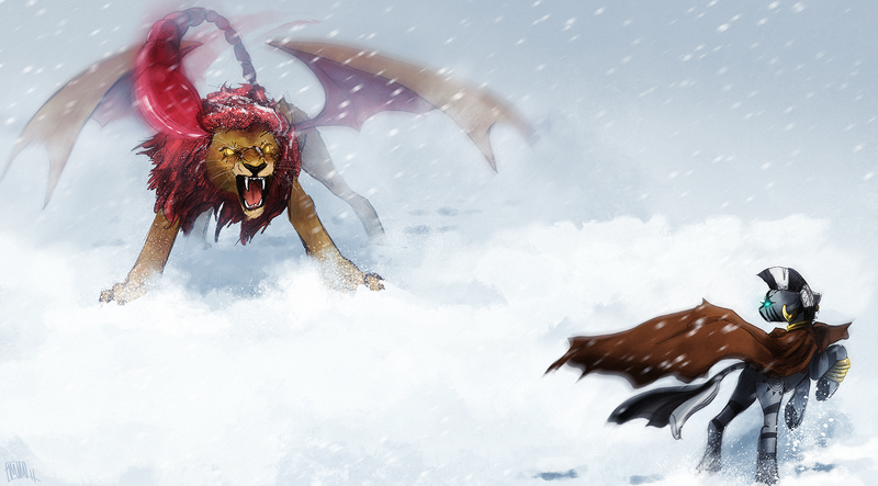 Size: 1900x1053 | Tagged: action pose, artist:cosmicunicorn, badass, derpibooru import, duo, encounter, fangs, female, glowing eyes, manny roar, manticore, mare, open mouth, safe, snow, snowfall, zebra, zecora