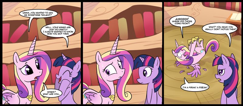 Size: 1500x656 | Tagged: safe, artist:madmax, derpibooru import, princess cadance, twilight sparkle, alicorn, pony, unicorn, comic, duo, female, freakout, golden oaks library, mare, panic, princess, sweat, wings