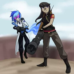 Size: 1280x1280 | Tagged: artist:7nights, crossover, derpibooru import, duo, female, heavy weapons guy, human, humanized, medic, minigun, octavia melody, safe, sunglasses, team fortress 2, vinyl scratch, weapon