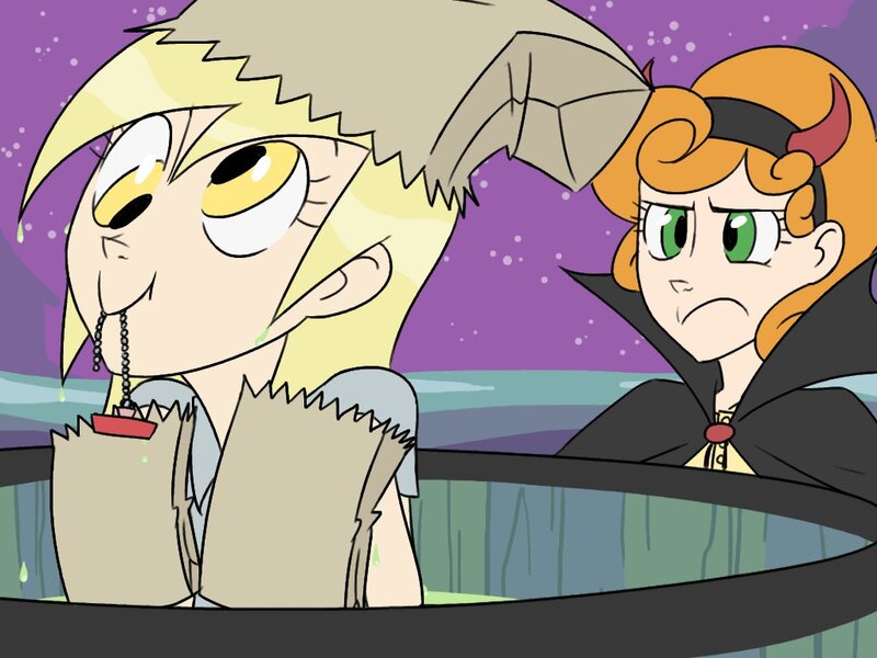 Size: 1024x768 | Tagged: artist:thelivingmachine02, carrot top, carrot top is not amused, deleted scene, derpibooru import, derpy hooves, duo, duo female, female, gimp, golden harvest, human, humanized, luna eclipsed, nightmare night, paper bag wizard, safe, scene interpretation