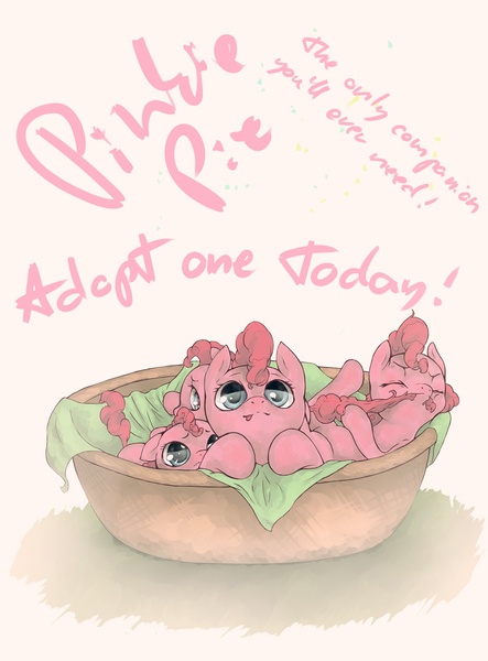 Size: 1920x2600 | Tagged: dead source, safe, artist:fruitbloodmilkshake, derpibooru import, pinkie pie, earth pony, pony, adoption, basket, biting, bronybait, cute, diapinkes, female, filly, foal, multeity, pet, pony in a basket, solo, tail bite, text, too much pink energy is dangerous, younger