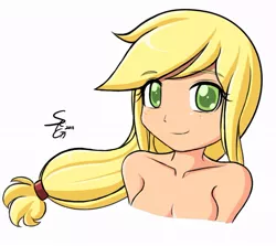 Size: 735x655 | Tagged: applejack, artist:angriestangryartist, breasts, bust, colored pupils, derpibooru import, female, human, humanized, ponibooru import, simple background, solo, solo female, suggestive, white background