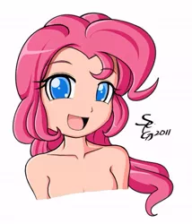 Size: 571x667 | Tagged: artist:angriestangryartist, breasts, bust, colored pupils, derpibooru import, female, human, humanized, pinkie pie, simple background, solo, solo female, suggestive, white background