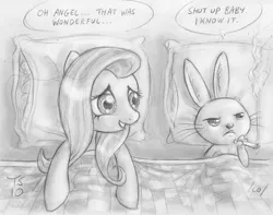 Size: 950x750 | Tagged: suggestive, artist:tommysimms, derpibooru import, ponibooru import, angel bunny, fluttershy, pegasus, pony, aftersex, angel is a bunny bastard, angelshy, bed, bender bending rodriguez, cigarette, female, interspecies, male, mare, monochrome, on back, shipping, smoking, straight
