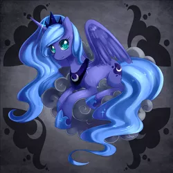 Size: 700x700 | Tagged: safe, artist:jiayi, derpibooru import, princess luna, alicorn, pony, cloud, cutie mark, cutie mark background, female, hooves, horn, jewelry, lying on a cloud, mare, on a cloud, prone, regalia, s1 luna, solo, spread wings, tiara, wings