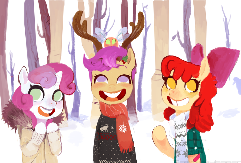 Size: 1280x869 | Tagged: antlers, apple bloom, artist:shemhamferosh, cutie mark crusaders, derpibooru import, faic, female, forest, no pupils, parasprite, safe, scootaloo, semi-anthro, snow, sweetie belle, tree