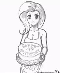 Size: 671x813 | Tagged: apron, artist:johnjoseco, cake, clothes, derpibooru import, female, fluttershy, grayscale, human, humanized, looking at you, monochrome, naked apron, safe, simple background, solo
