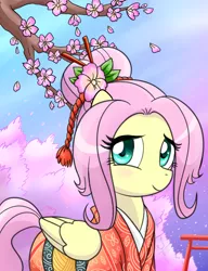 Size: 1000x1300 | Tagged: safe, artist:madmax, derpibooru import, fluttershy, pegasus, pony, alternate hairstyle, cherry blossoms, female, flower, flower blossom, kimono (clothing), looking at you, mare, smiling, solo, torii, yamato nadeshiko