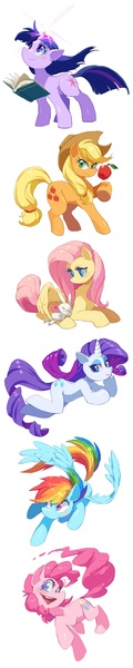 Size: 575x2875 | Tagged: safe, artist:nemurism, derpibooru import, angel bunny, applejack, fluttershy, pinkie pie, rainbow dash, rarity, twilight sparkle, earth pony, pegasus, pony, unicorn, apple, book, female, mane six, mare, obligatory apple, simple background, white background