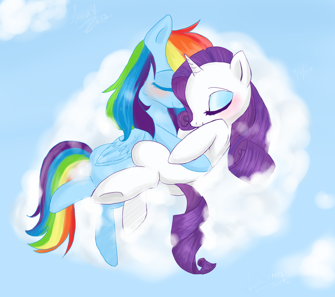 Size: 1000x888 | Tagged: dead source, safe, artist:lavender1983, derpibooru import, rainbow dash, rarity, pegasus, pony, unicorn, blushing, cloud, cloudy, cuddling, cute, eyes closed, female, hooves, horn, lesbian, lying on a cloud, mare, missing cutie mark, on a cloud, raridash, shipping, side, underhoof, wings