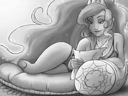 Size: 1600x1200 | Tagged: artist:thelivingmachine02, bra, breasts, clothes, derpibooru import, female, frilly underwear, gimp, gray background, grayscale, human, humanized, monochrome, panties, princess celestia, reading, safe, side, simple background, solo, tiara, underwear
