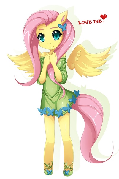 Size: 760x1136 | Tagged: anthro, artist:jinzhan, breasts, clothes, cute, delicious flat chest, derpibooru import, dress, female, flattershy, floating wings, fluttershy, heart, love, mare, off shoulder, pegasus, safe, shyabetes, simple background, skinny, solo, unguligrade anthro, white background