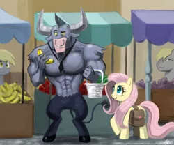 Size: 1300x1083 | Tagged: safe, artist:johnjoseco, derpibooru import, derpy hooves, fluttershy, hugh jelly, iron will, earth pony, minotaur, pegasus, pony, banana, basket, female, grapes, male, manly grocery shopping, mare, saddle bag, stallion