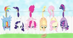Size: 3088x1600 | Tagged: safe, artist:steffy-beff, derpibooru import, applejack, fluttershy, pinkie pie, rainbow dash, rarity, twilight sparkle, earth pony, pegasus, pony, unicorn, angry, both cutie marks, clothes line, clothespin, cowboy hat, cross-popping veins, cute, female, fence, flailing, floppy ears, hanging, hat, hoofy-kicks, image, jpeg, laundry, line-up, looking at you, looking down, mane six, mare, scared, smiling, spread wings, stetson, tail, tail pull, unicorn twilight, waving, worried