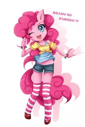 Size: 760x1137 | Tagged: anthro, artist:jinzhan, belly button, bracelet, clothes, cute, derpibooru import, diapinkes, female, jewelry, midriff, one eye closed, open mouth, pinkie pie, safe, simple background, skinny, socks, solo, starry eyes, striped socks, unguligrade anthro, white background, wingding eyes