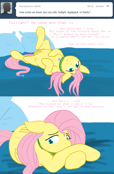 Size: 636x964 | Tagged: questionable, artist:cartoonlion, derpibooru import, fluttershy, oc, oc:futashy, unofficial characters only, pegasus, pony, ask futashy, futaverse, ask, bed, collar, crotchboobs, futa, futa fluttershy, implied applejack, implied big macintosh, implied rarity, implied twilight sparkle, intersex, nipples, nudity, on back, pet tag, prone, sheath, solo, solo futa, teats