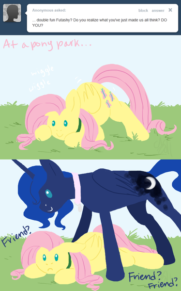 Size: 646x1035 | Tagged: safe, artist:cartoonlion, derpibooru import, fluttershy, princess luna, oc, oc:futashy, alicorn, pegasus, pony, ask futashy, futaverse, :c, ask, butt shake, collar, face down ass up, female, frown, futa, futa fluttershy, grass, intersex, mare, pet tag, prone, smiling